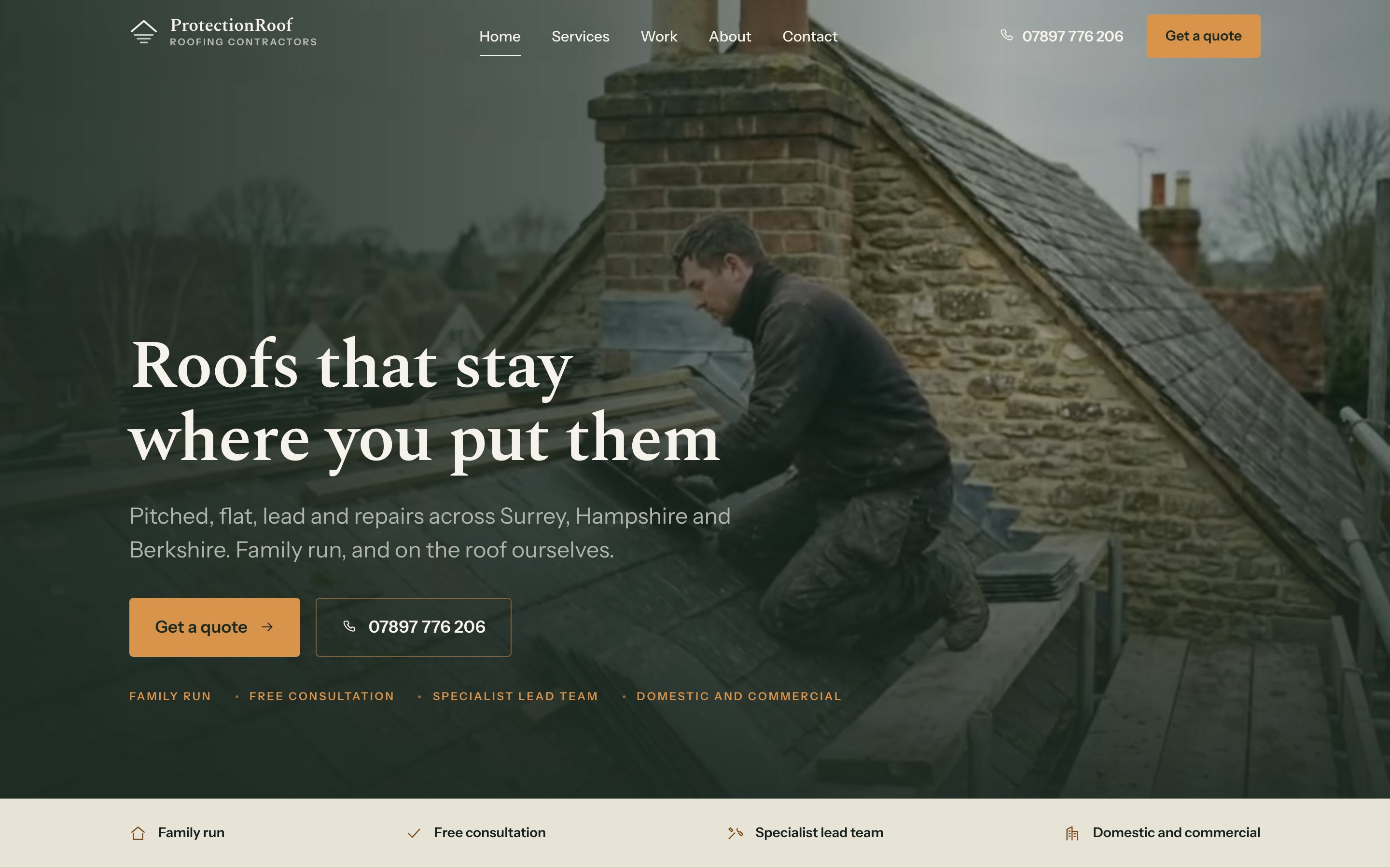 Screenshot of the Protection Roofing website